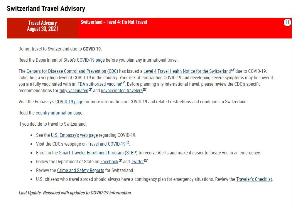 Switzerland Travel Advisory